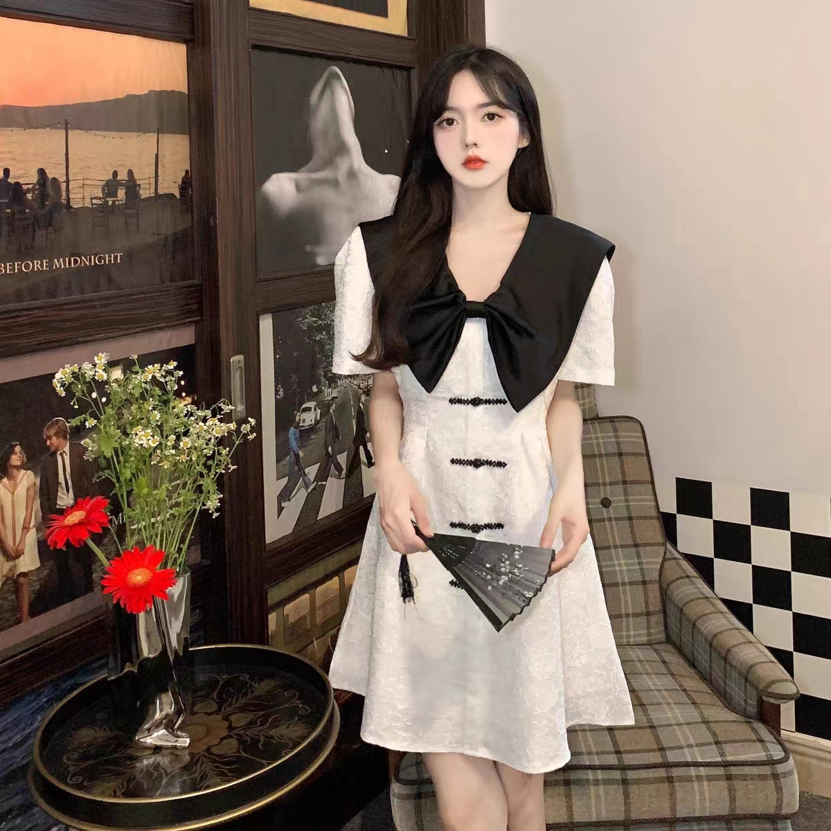 微胖mm娃娃領蝴蝶結連衣裙女夏設計感大碼法式遮肚顯瘦裙子a字裙