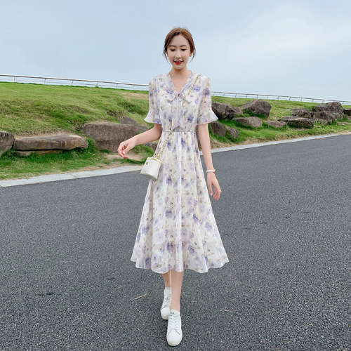 Purple fresh floral chiffon dress women's new summer waist slimming British style a-line skirt temperament