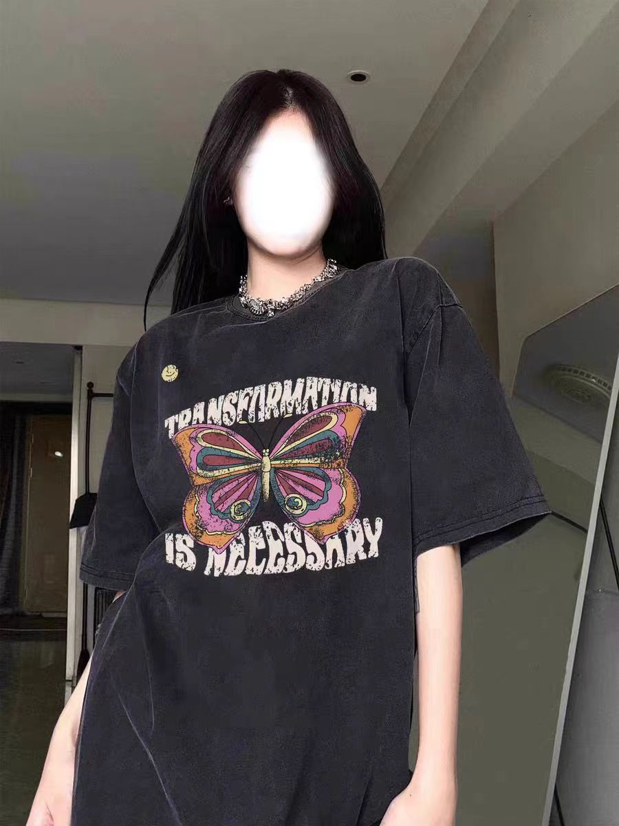 230克純棉包領 春夏季美式復古寬鬆大碼上衣印花水洗做舊短袖T恤