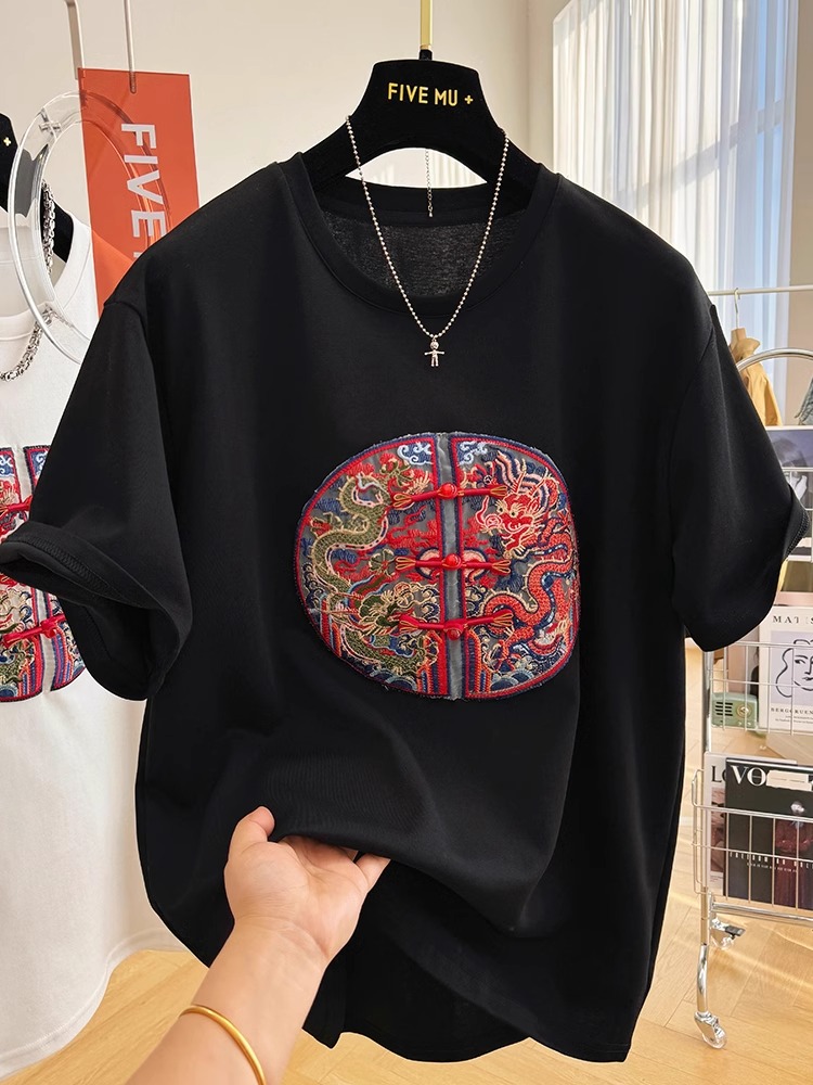 2024年韓國東大門高緊密純棉200g手工新中式國風刺繡短袖T恤女