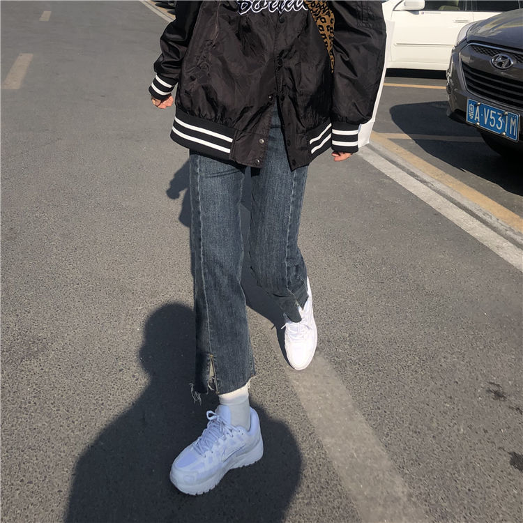 開叉直筒牛仔褲女2024秋學生復古高腰寬鬆顯瘦百搭高街九分褲ins