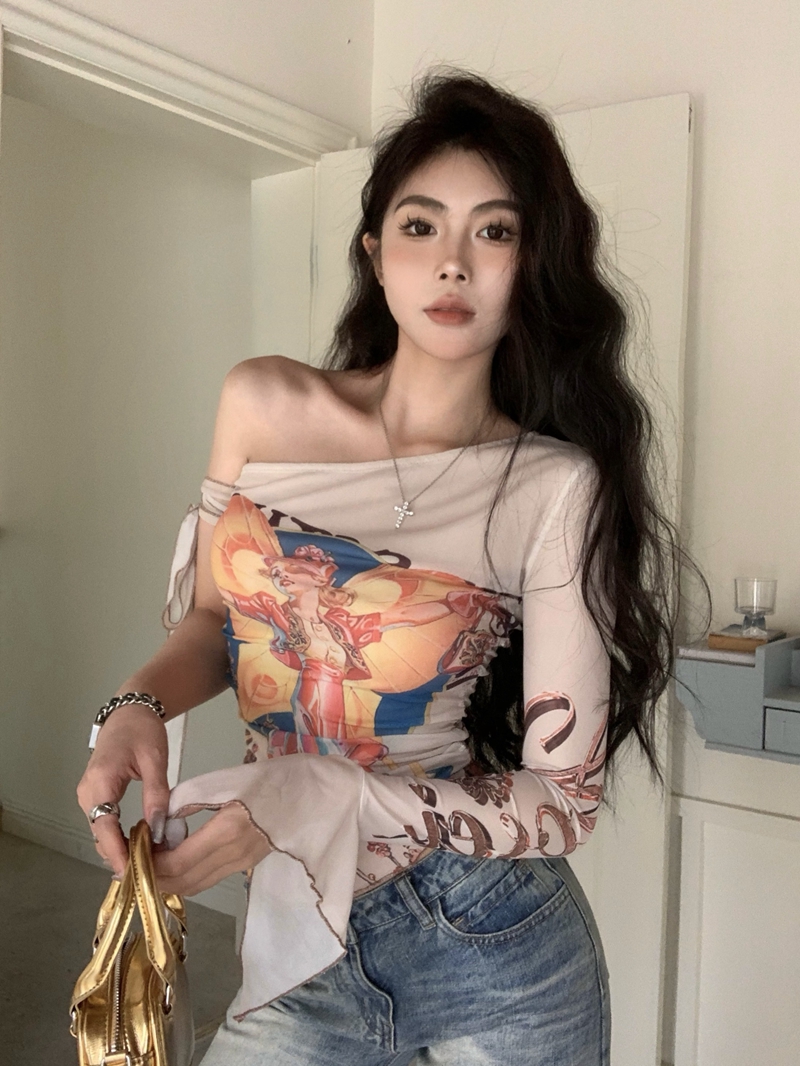 實拍夏季辣妹風設計感小眾單肩彈力T恤女網紗木耳邊緊身上衣