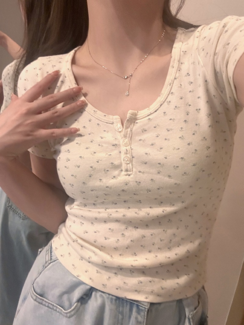冰絲螺紋純欲風碎花內搭短袖T恤女夏小眾設計感修身顯瘦短款上衣
