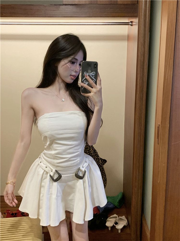 實拍   甜辣無袖設計感裙子氣質美式抹胸連衣裙