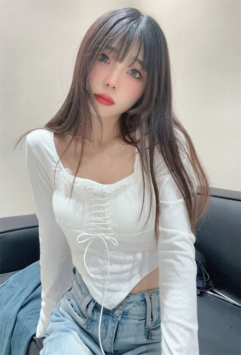 實拍 長袖t恤女秋純欲修身設計感小眾倒三角方領打底衫上衣