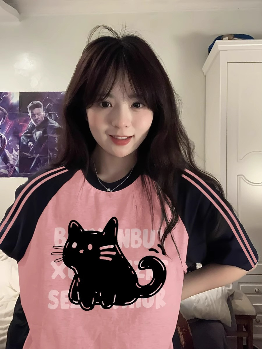 純棉200克21支精梳精密前後印花拼色三條槓落肩短袖t恤女