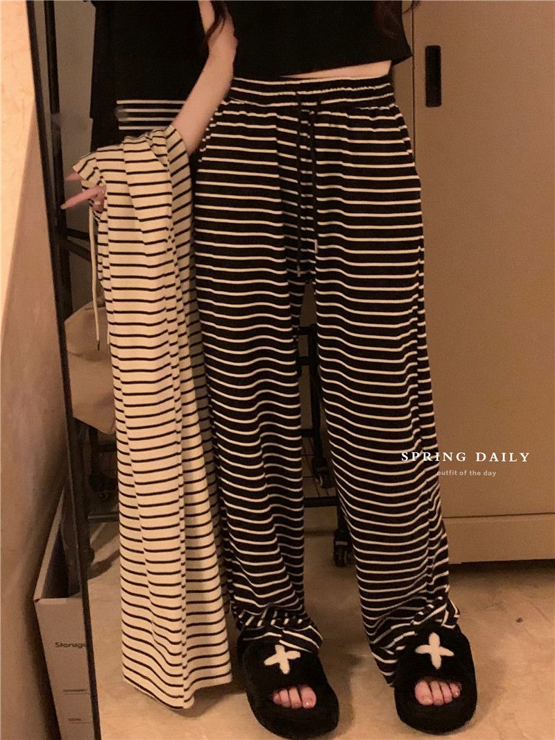 原版質量珠花 高腰顯瘦直筒休閒褲黑白條紋ins潮百搭女