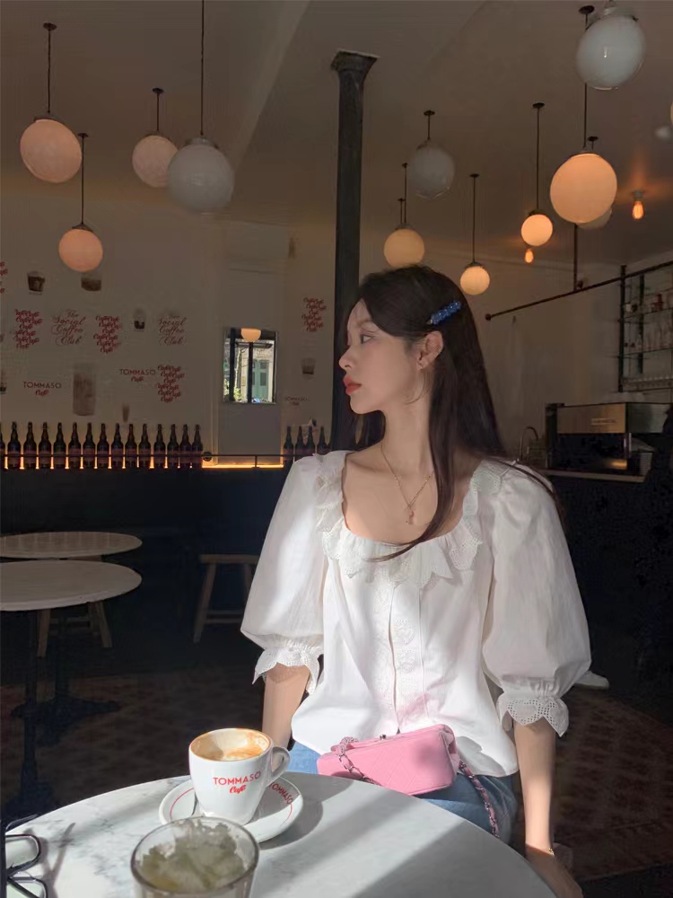 With Naki 愛心法式襯衣 高端定製vtg激光一體刺新款白襯衫上衣女