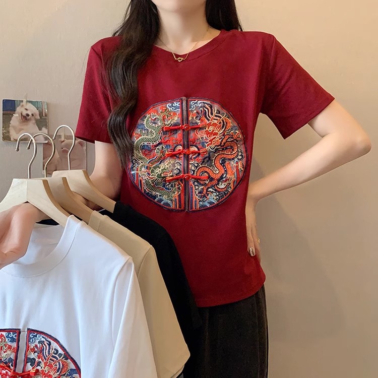 天貓質量短袖t恤女2024新款夏刺繡盤扣小個子新中式別致上衣