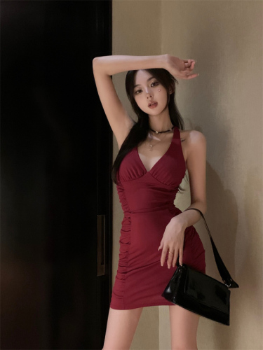 Real shot ~ Summer hot girl style sexy V-neck hip-hugging solid color dress for women slimming hip-hugging short skirt