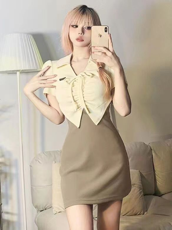 純欲風polo領辣妹假兩件拼接連衣裙女夏季新款修身顯瘦氣質包臀裙