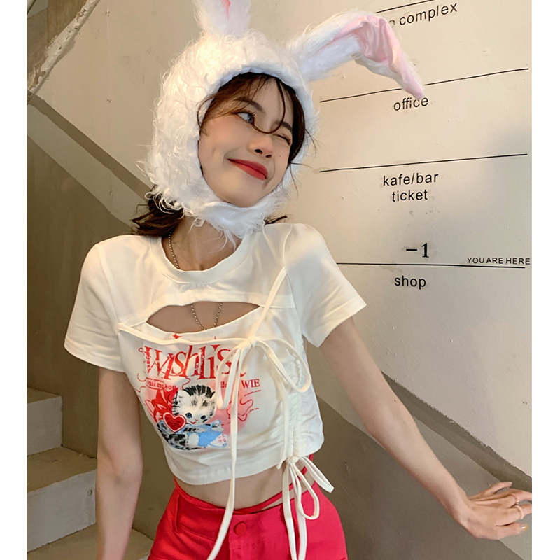 抽繩鏤空短款露臍上衣夏季新款小眾修身短袖t恤女潮