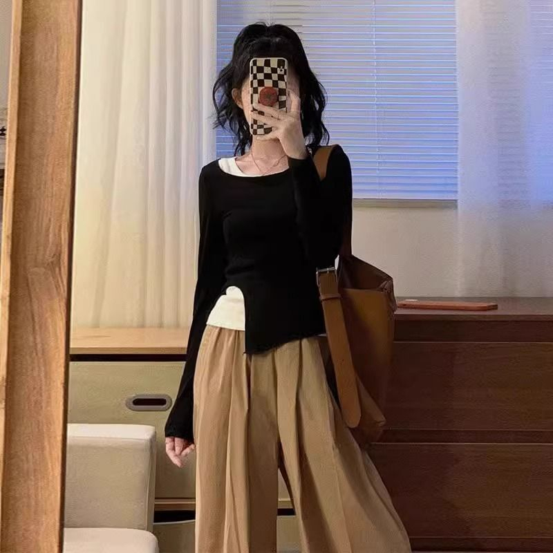 純欲正肩假兩件撞色不規則長袖t恤女2024新款秋季設計感小眾上衣