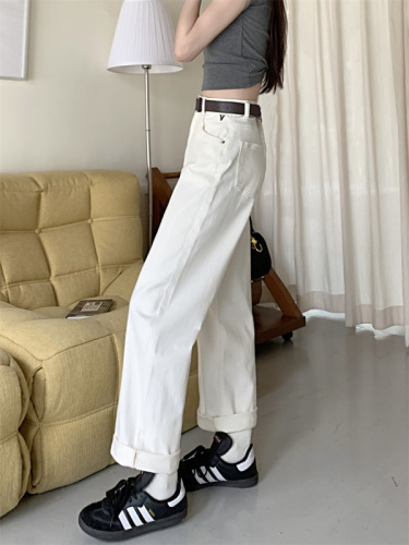 实拍白色牛仔长裤女夏季2024新款宽松直筒裤垂感阔腿拖地休闲裤子