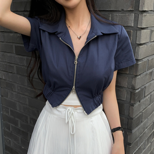 韩国chic夏季复古简约翻领双开拉链设计收腰显瘦短袖外套女衬衫