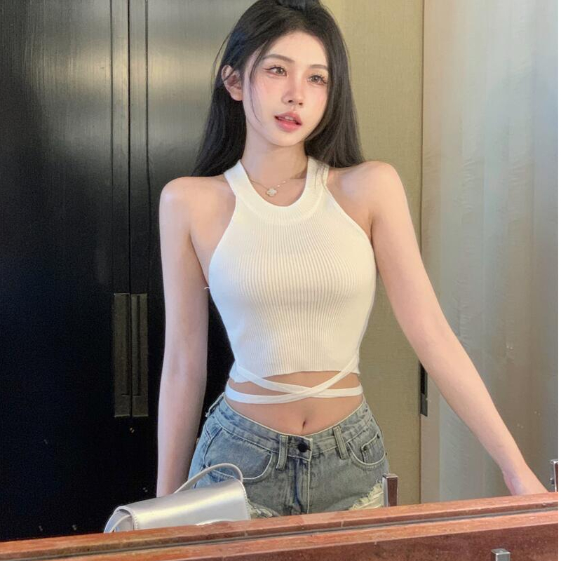 純欲風白色針織背心女裝夏季內搭打底衫外穿辣妹綁帶短款吊帶上衣