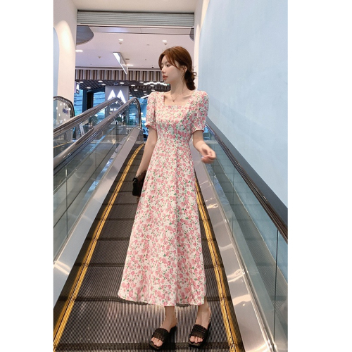 2024 Puff Sleeve Floral Square Neck Slim Fashion Small Fresh Chiffon Short Sleeve Mid-Length Dress Summer New Style