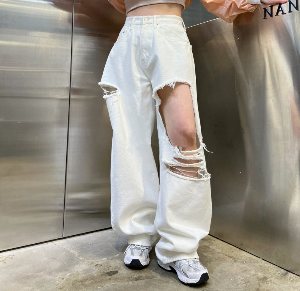 High-waisted ripped solid color wide-leg pants, versatile trousers