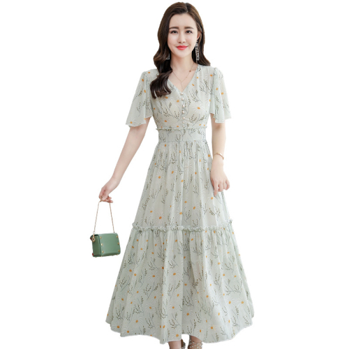 Fashion new chiffon dress female British style goddess style high waist British style foreign style summer slimming long swing