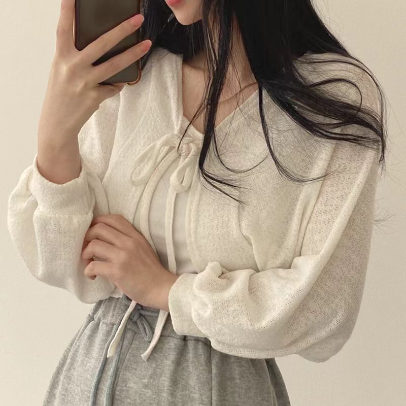 小眾薄款防曬上衣女夏大碼寬鬆百搭燈籠袖短款開衫外套