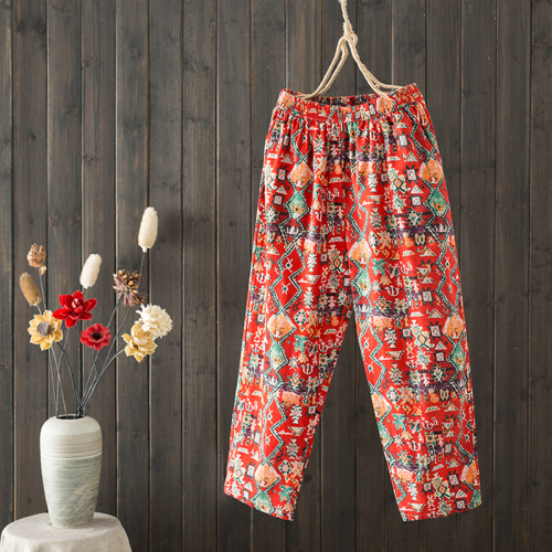Cotton retro ethnic style printed casual nine-point pants for women 2024 summer new harem pants elastic waisted pants