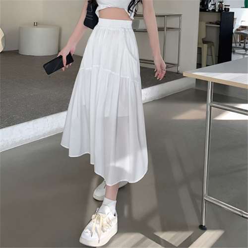 Summer 2024 new elastic waist mid-length skirt simple loose solid color