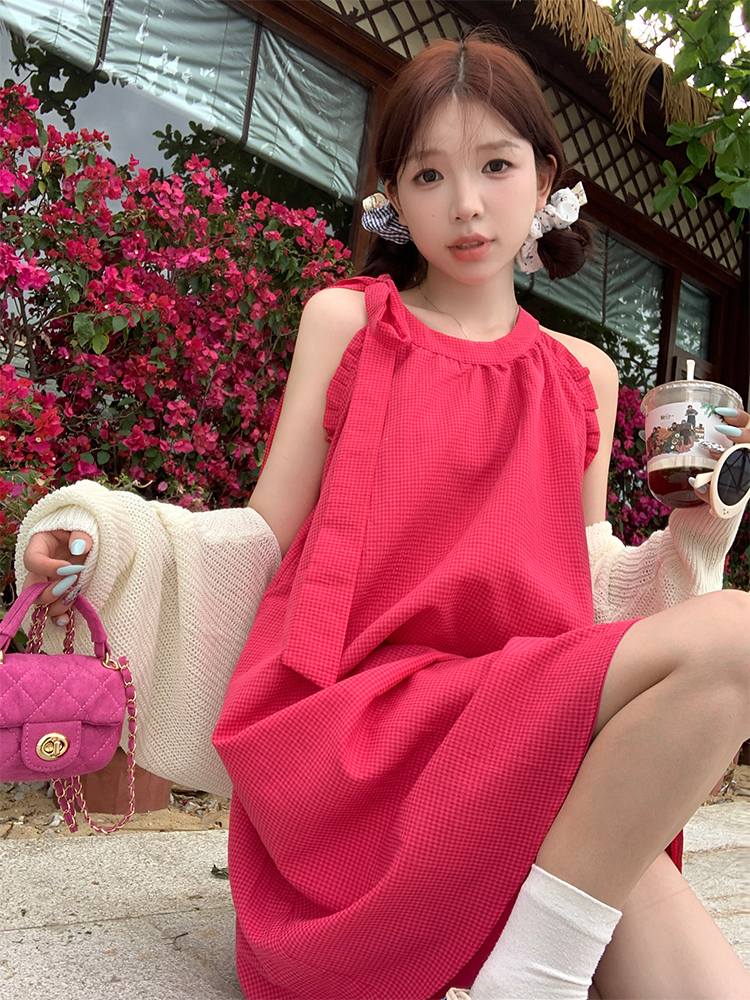 實拍 烏梅子醬~春夏韓chic簡約格子掛脖沒格子連衣裙