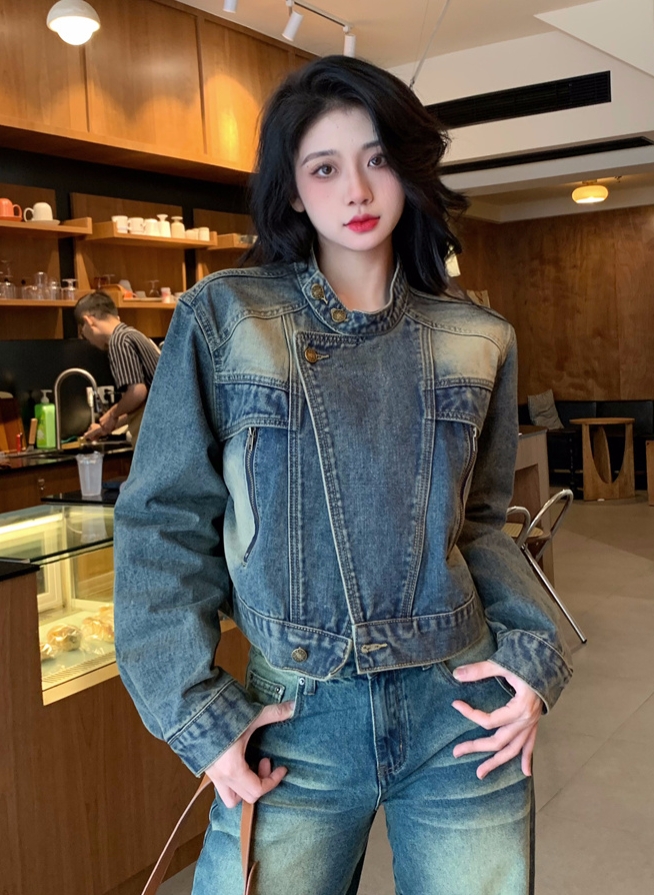 實拍~復古港風立領牛仔短外套女小個子新款寬鬆百搭休閒夾克上衣