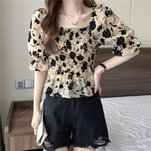 Casual chiffon shirt T-shirt floral dark new Korean style French square collar high-end waist slimming short-sleeved top