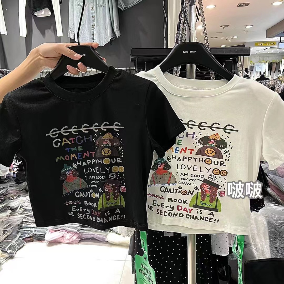 十三行春夏季新款百搭休閒印花字母卡通人物短袖墊肩T恤短款修身