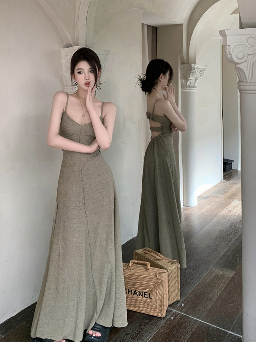 實拍夏季復古性感茶歇收腰顯瘦吊帶露背連衣裙長裙女