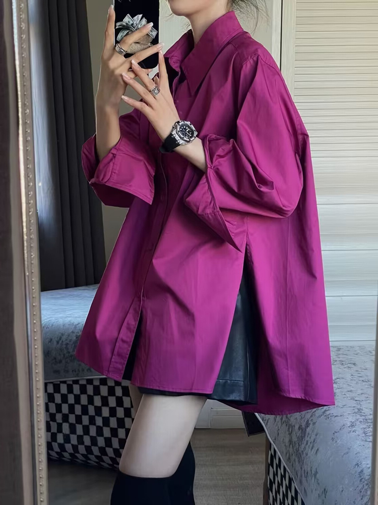 高級感輕奢玫紅色襯衫上衣女設計感小眾春秋獨特别致寬鬆防曬外套
