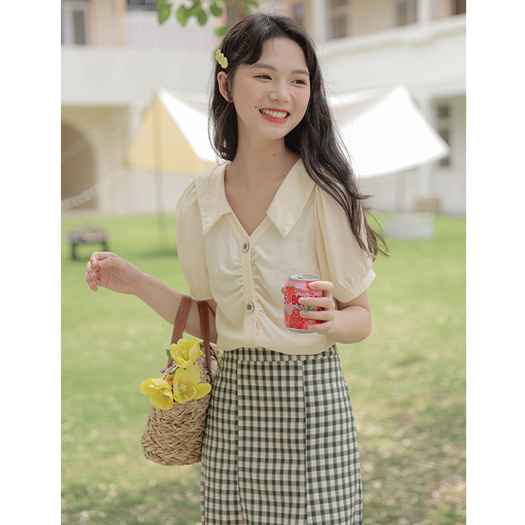 實拍夏季甜美高級別致純棉泡泡袖小個子上衣短袖襯衫女設計感小眾