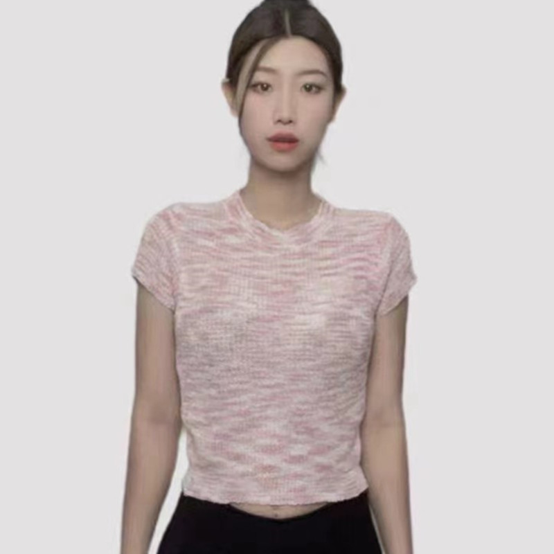 黑色設計感小眾彩虹針織短袖t恤女裝春季小個子圓領別致短款上衣