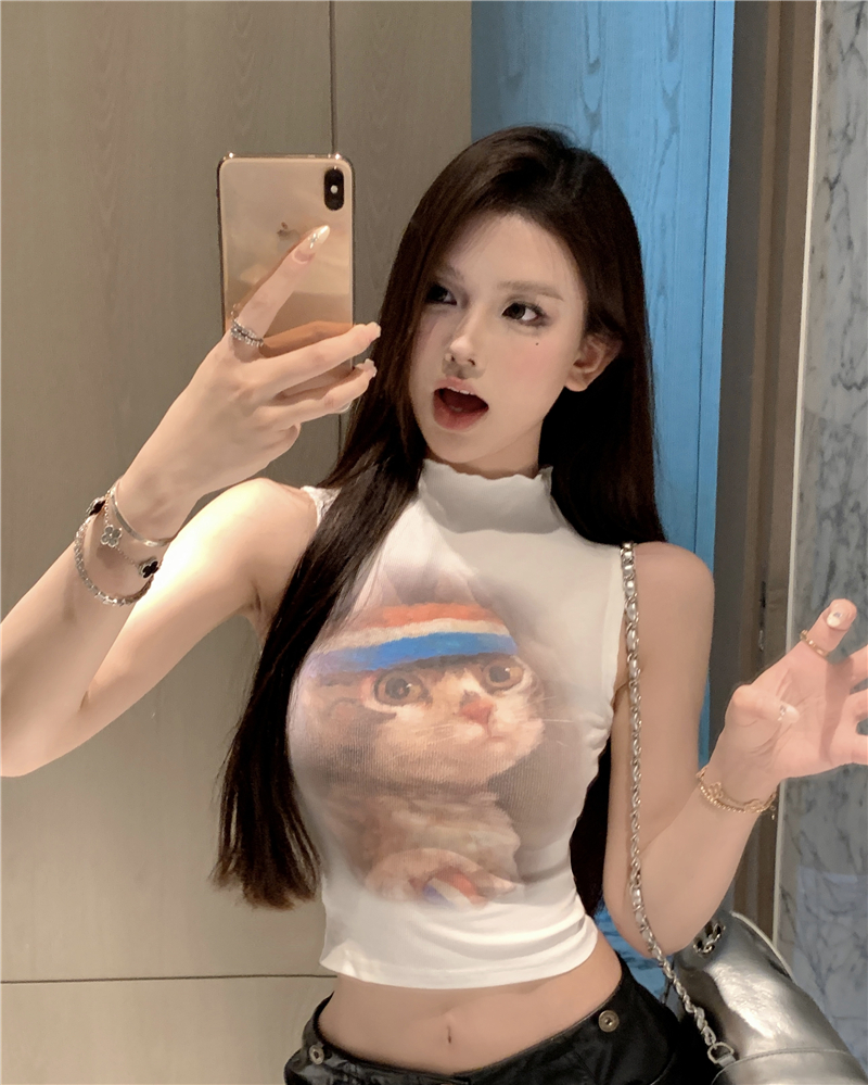 實拍~黑色純欲辣妹貓咪無袖T恤女夏季新款修身顯瘦圓領上衣