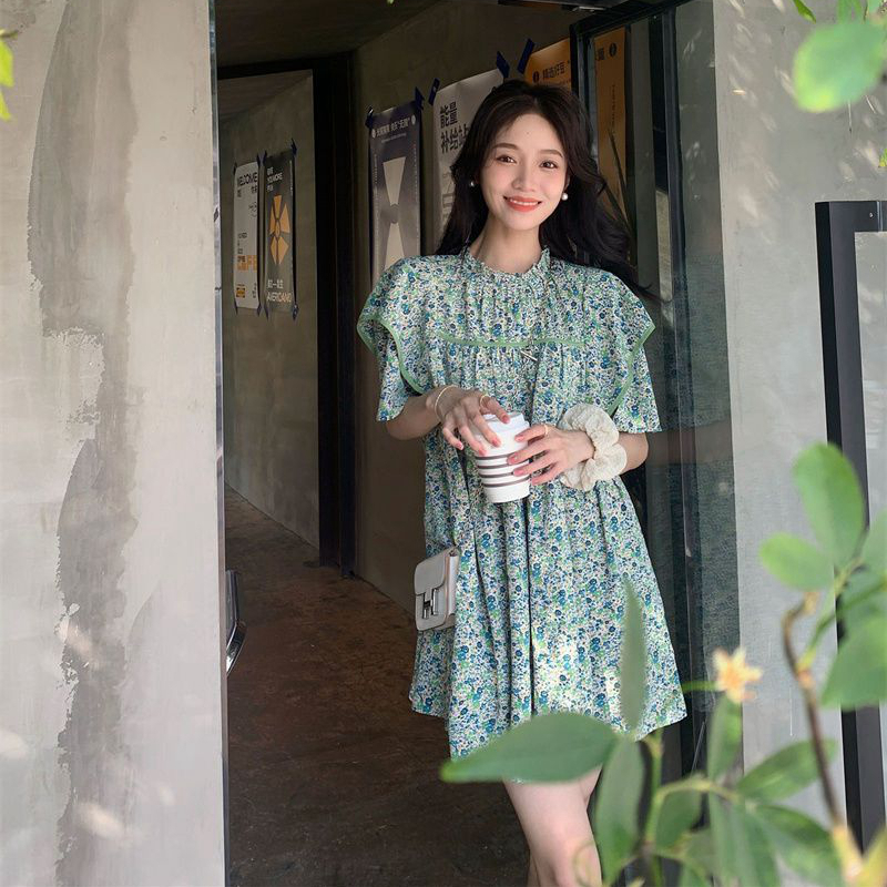 韓國 夏季新款荷葉邊小飛袖碎花連衣裙子女小個子復古寬鬆娃娃裙