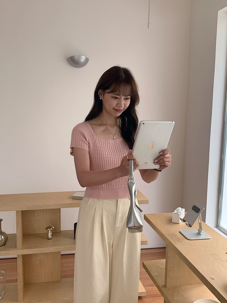 氣質方領短袖針織衫女2024夏季流行韓系百搭薄款上衣修身顯瘦T恤