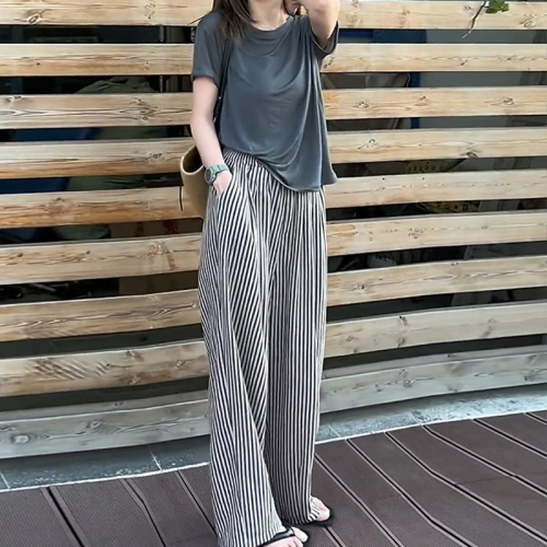 Korean style fashion casual straight wide leg pants for women summer new large size slim versatile thin striped pants