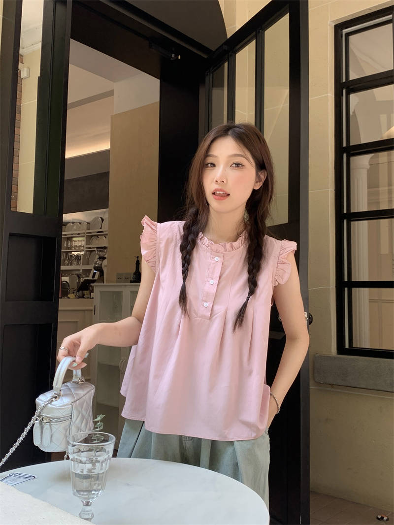 實拍~法式飛飛袖襯衫夏季甜美減齡休閒別致上衣chic小眾襯衫