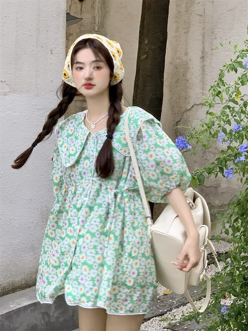 娃娃領泡泡袖連衣裙女裝夏季新款甜美森系木耳邊寬鬆短袖裙子