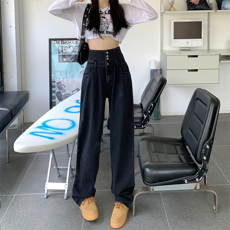 休閒百搭闊腿牛仔褲女春秋設計感小眾高腰寬鬆顯瘦垂感拖地牛仔褲