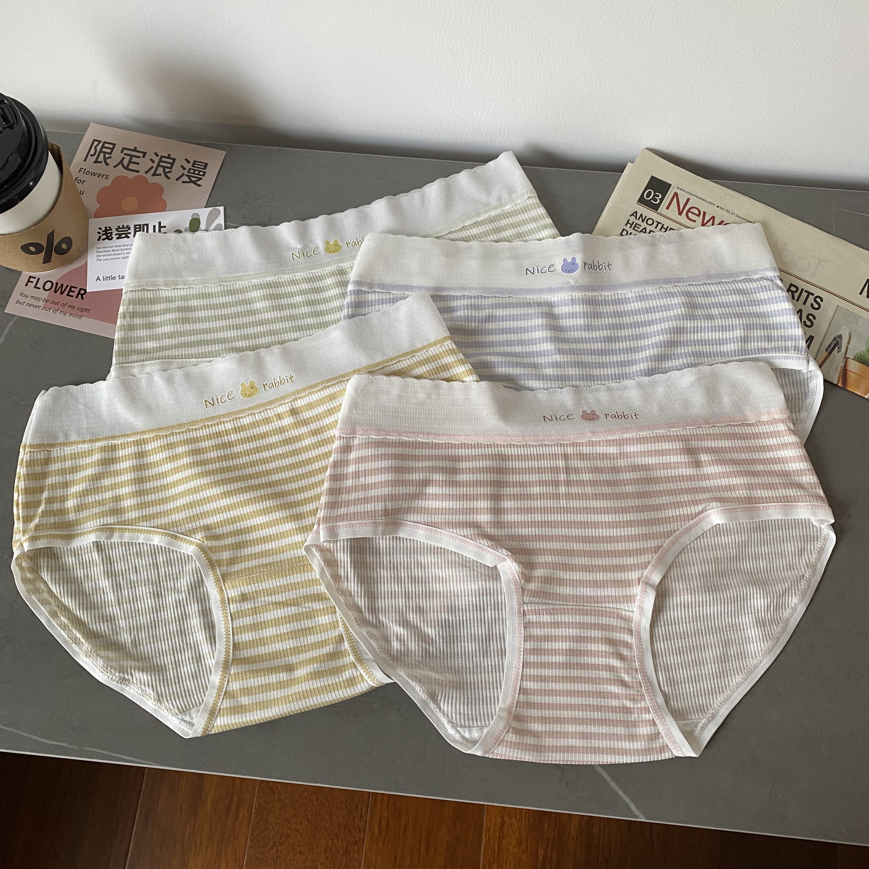 實拍4條裝條紋純棉襠內褲女中腰日系性感可愛簡約少女三角褲