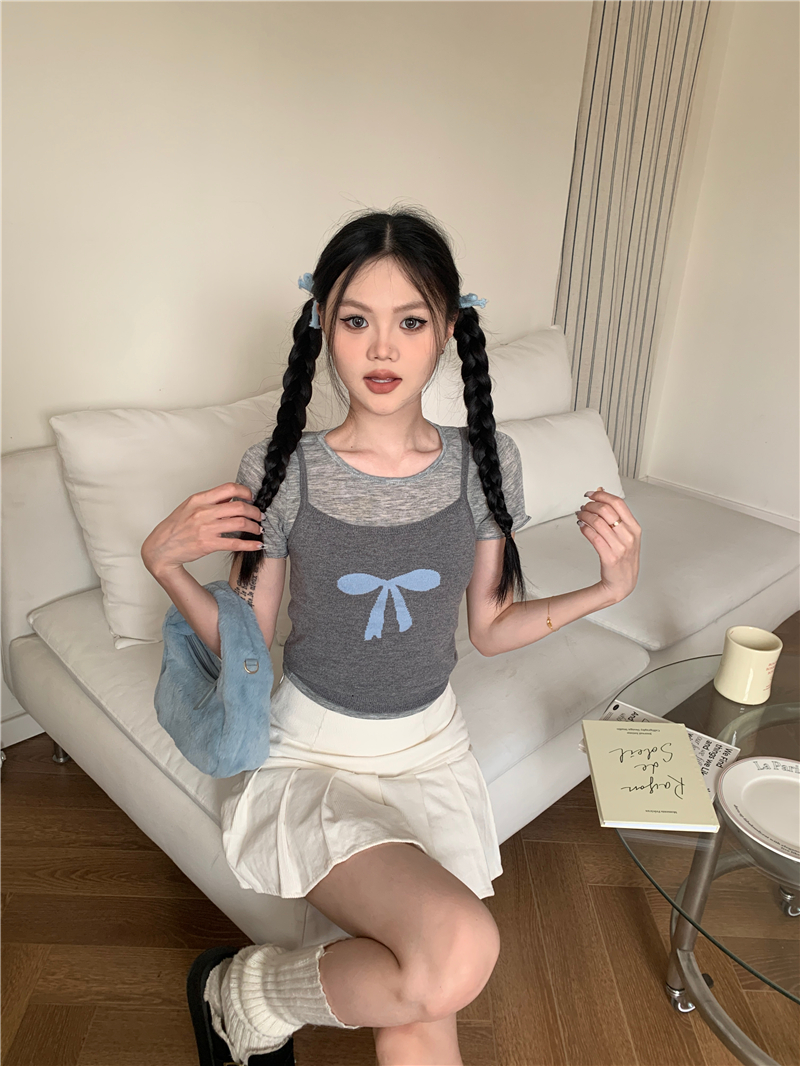 實拍 新款韓系減齡蝴蝶針織吊帶＋顯瘦百搭短t兩件套