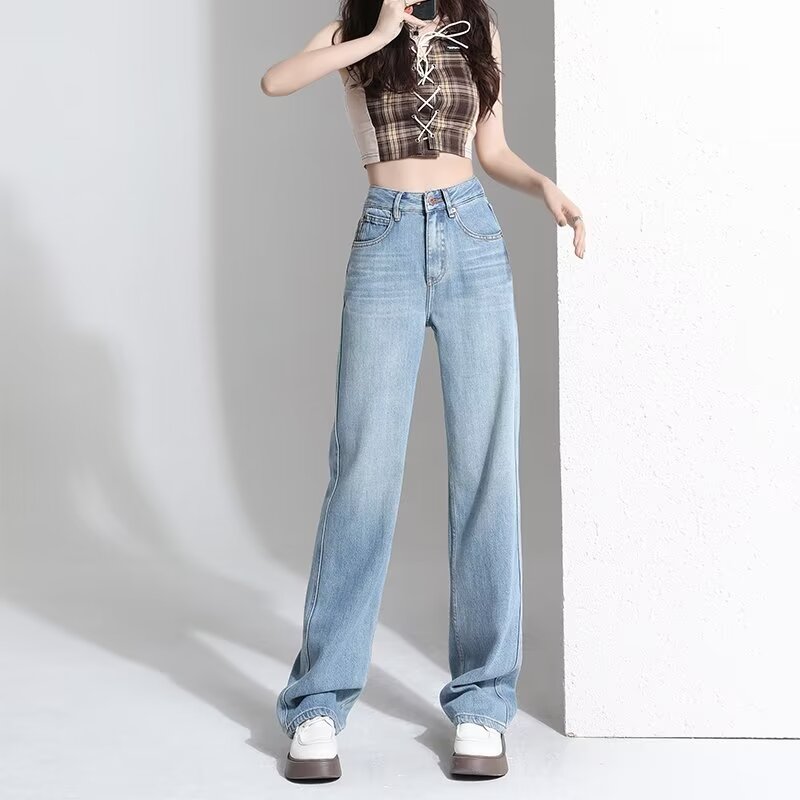 闊腿牛仔褲女春夏2024年新款寬鬆高腰顯瘦淺色小個子窄版直筒褲子
