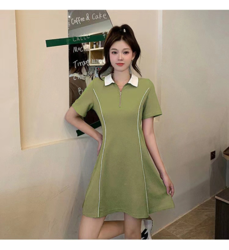 2024 Summer Polo Neck Dress Avocado Green High Waist Slim Versatile Fashion Midi Skirt for Women