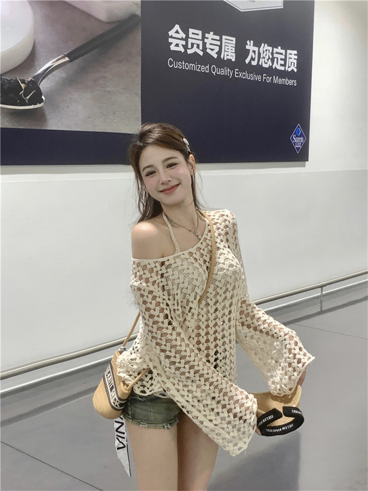 實拍~鏤空鈎花長袖防曬針織衫寬鬆罩衫+掛脖綁帶小吊帶背心
