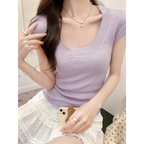 Actual shot of Korean style low-necked short-sleeved knitted bottoming shirt for women in summer thin section for hot girls pure desire simple t-shirt top