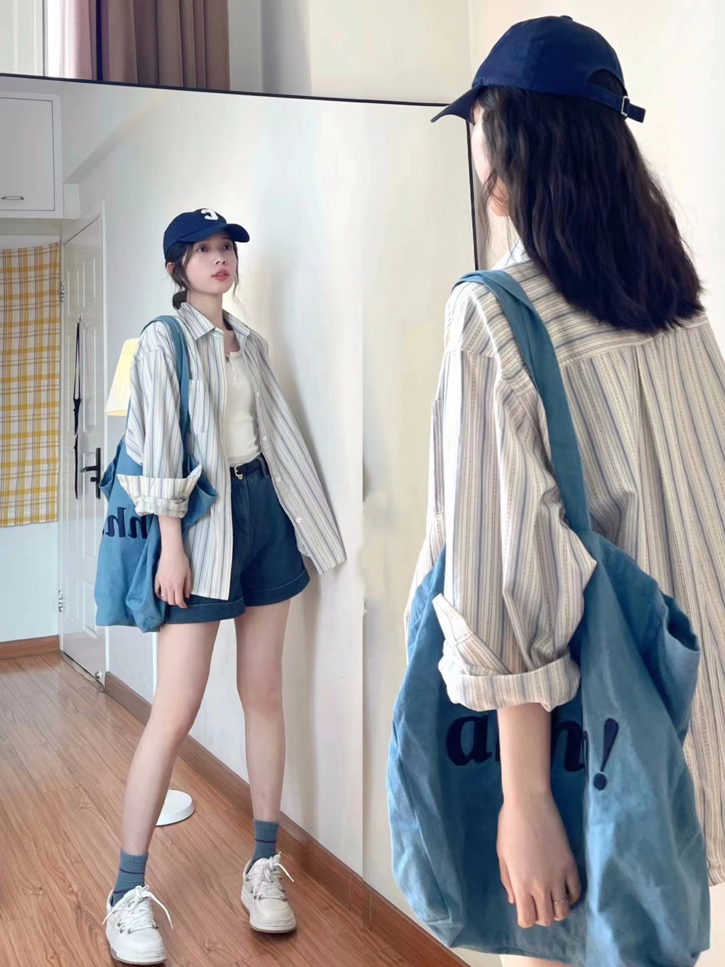 2024新款女夏款防曬襯衣外套設計感小眾藍色條紋法式上衣