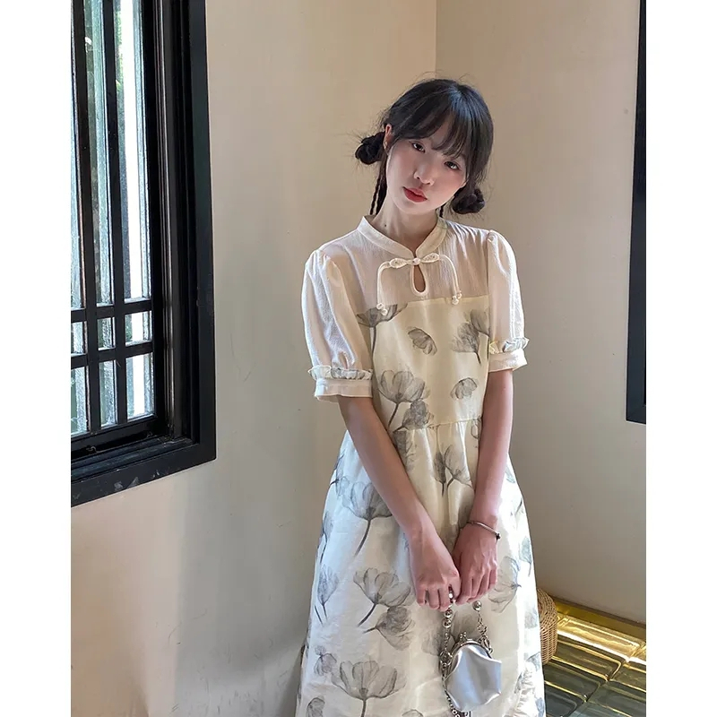 蘭亭序新中式少女改良旗袍連衣裙2024新款盤扣水墨印花開叉連衣裙