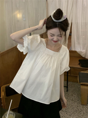 實拍 方領短袖襯衫女夏季高級感寬鬆顯瘦白色娃娃衫泡泡袖上衣